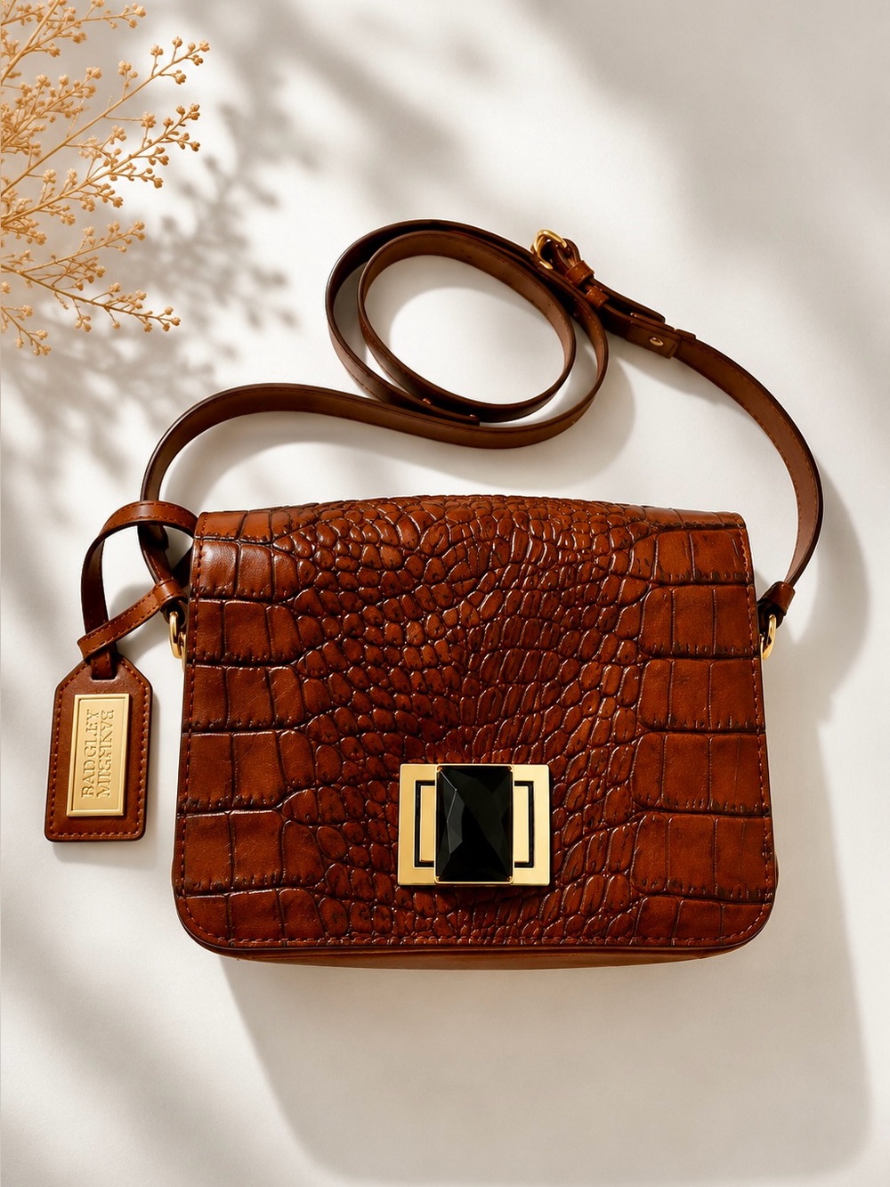 Badgley Mischka Genuine Leather Croc Embossed Shoulder Bag Brown - Picture 2 of 8
